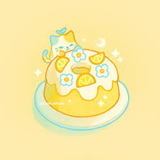 Yellow dessert with little kitten and sparkles