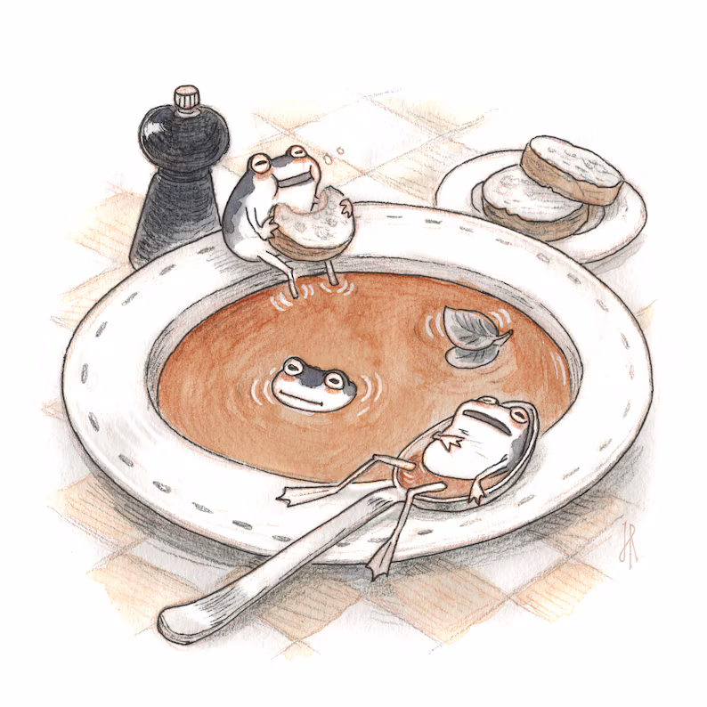 frogs in a soup bowl